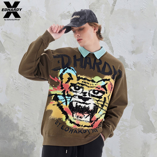 EDHARDY X2025秋季新款涂鸦咆哮虎头烫钻印花圆领国潮设计感卫衣 - 图0