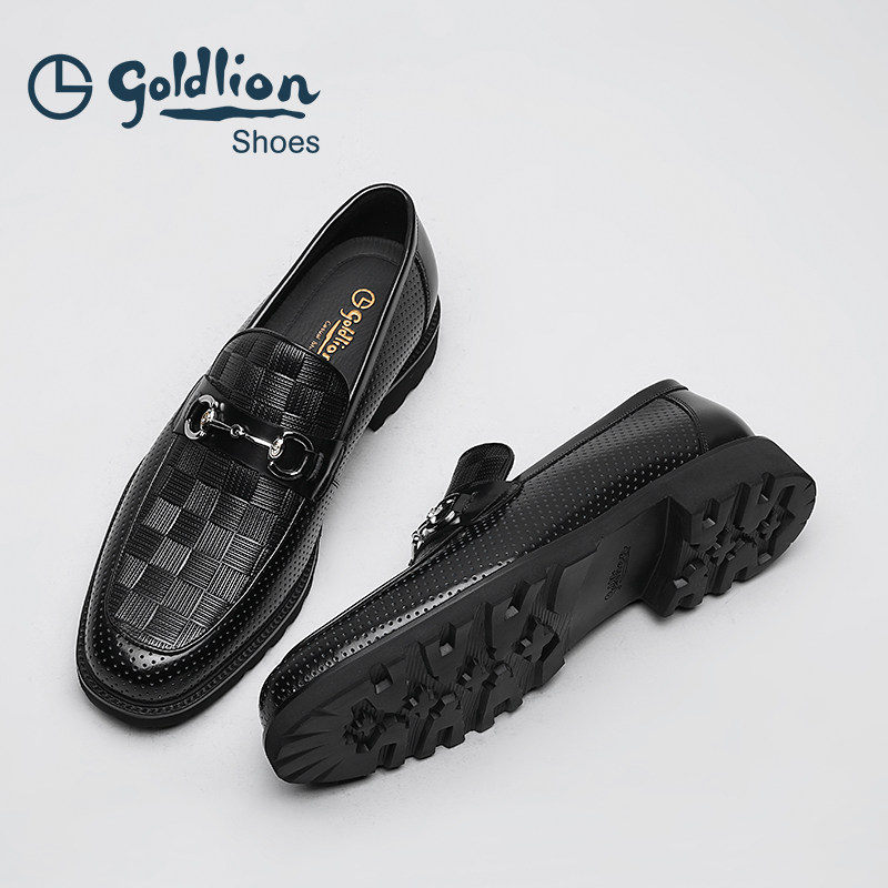 金利来男鞋2025夏季冲孔黑色透气套脚一脚蹬商务休闲皮鞋男乐福鞋,淘宝优惠券,粉丝福利购,淘宝优惠卷