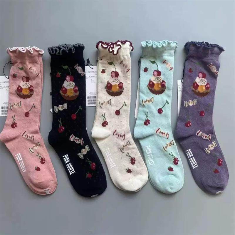 日系jk甜美少女小腿袜蝴蝶结木耳花边甜美可爱图案中筒女袜子 - 图0