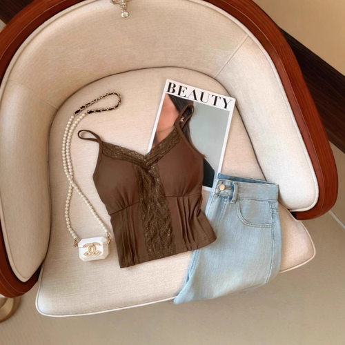 新款上市时尚舒适百搭纯欲性感蕾丝拼接吊带背心外穿固定杯衣收腰 - 图2