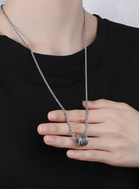 百搭泰银色六字真言金刚杵项链男吊坠经典个性时尚简约可转动项饰