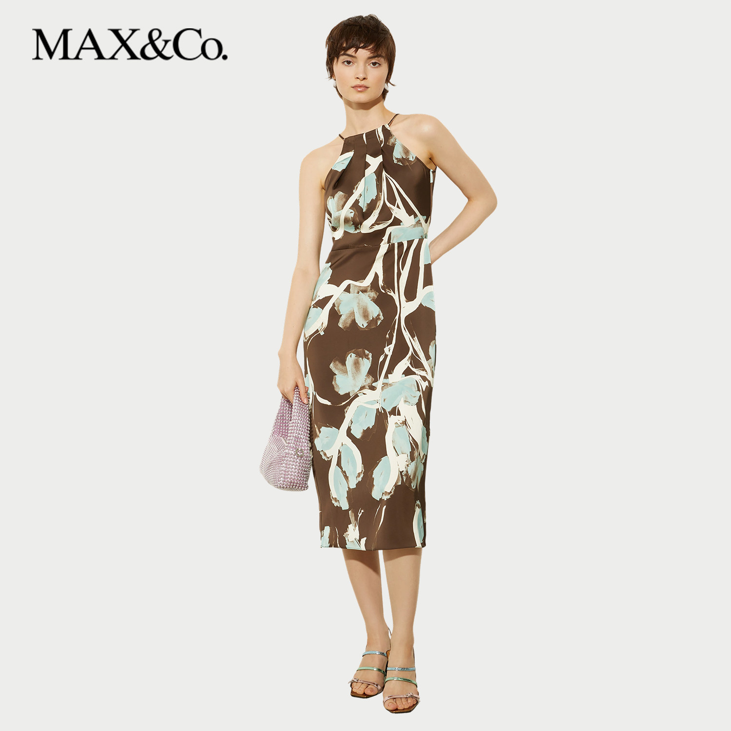 【甄选惠享】MAX&Co.2025春夏H型缎面挂脖领连衣裙6221125402