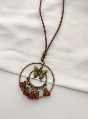 欧美咖色复古项链女波西米亚民族风流苏吊坠毛衣链高级感项饰