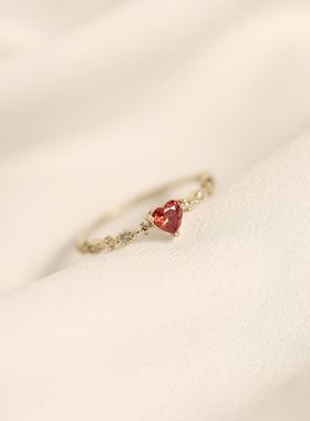 S925纯银镀14k黄金白金女戒指尾戒爱心红宝石日系风格优雅小清新