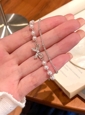 韩版新款双层蝴蝶结珍珠手链时尚甜美高颜值手环轻奢小众学生手饰