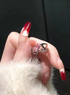 2023年新款粉色方钻戒指女ins小众设计感食指戒时尚个性指环