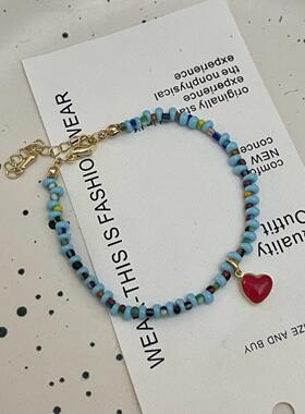 小清新蓝色串珠红色爱心手链夏季