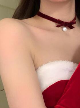圣诞新年choker颈链项链酒红丝带