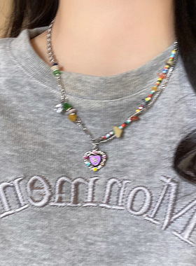 七彩石爱心滴釉项链女夏季2023年新款小众配饰网红甜酷辣妹锁骨链