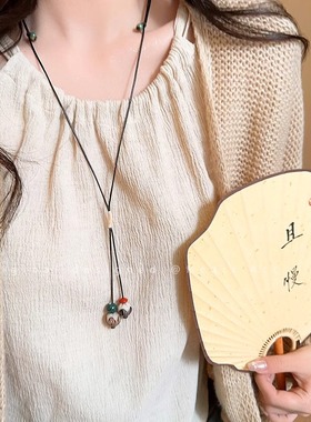 新中式陶瓷松子编织项链女款复古民族风时尚锁骨链小众设计感颈链