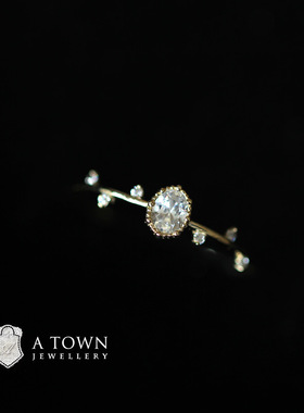 通体S925纯银镀14K金戒指女日系极细百搭镶锆钻小枝叶树枝造型