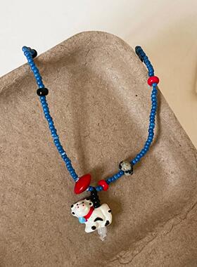 萌趣可爱奶牛吊坠蓝色串珠项链女