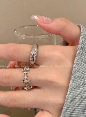 日系cherrykoko银色锆石戒指女小众设计复古冷淡风食指戒时尚