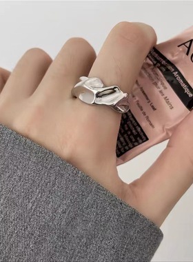 日系CherryKoko小众设计不规则金属花朵开口戒指女韩国个性百搭