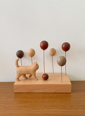 治愈木雕猫咪元素实木气球手作创意礼品装饰桌面实木木制车载摆件