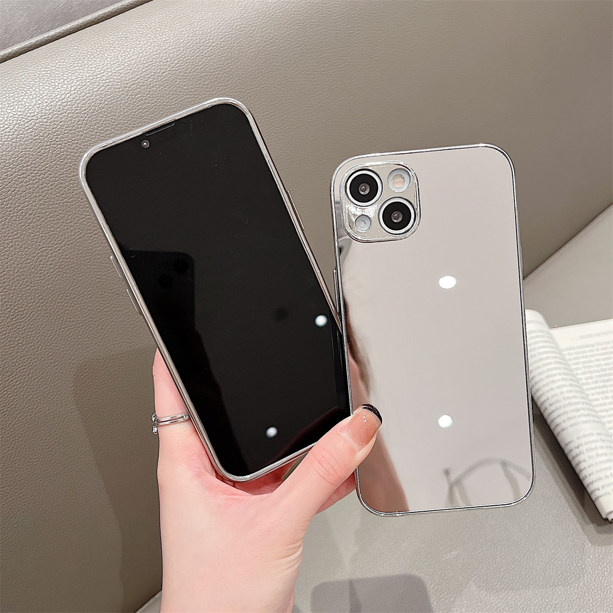 镜面补妆iPhone15手机壳玻璃13promax带镜子ixs适用苹果12女款华为p40简约mate60pro电镀xsmax全包防摔保护套-图3