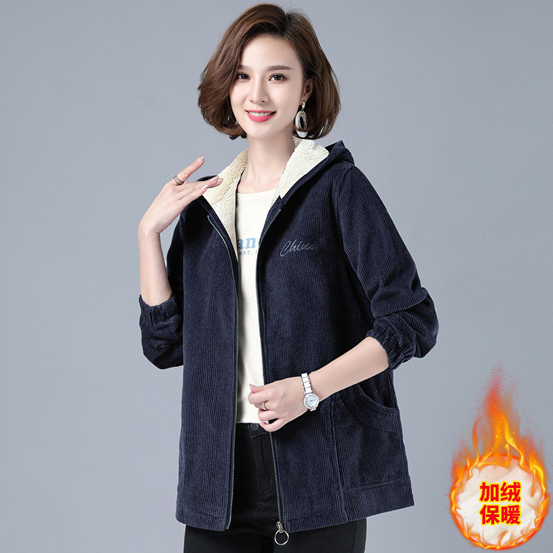 灯芯绒纯棉加绒女士2020年连帽夹克 罗戈褚时尚套装