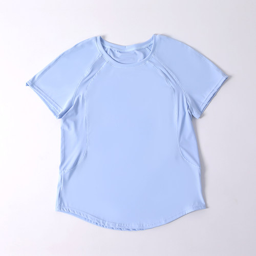 裸感网纱拼接瑜伽短袖运动t恤 圆领健身衣紧身速干网球服夏季运动 - 图0