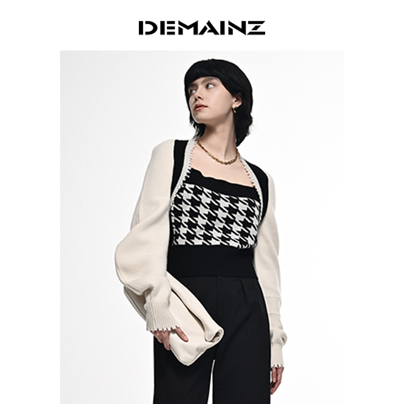 DEMAINZ地缦加厚羊绒衫女经典黑白撞色千鸟格春秋冬新款毛衣上衣