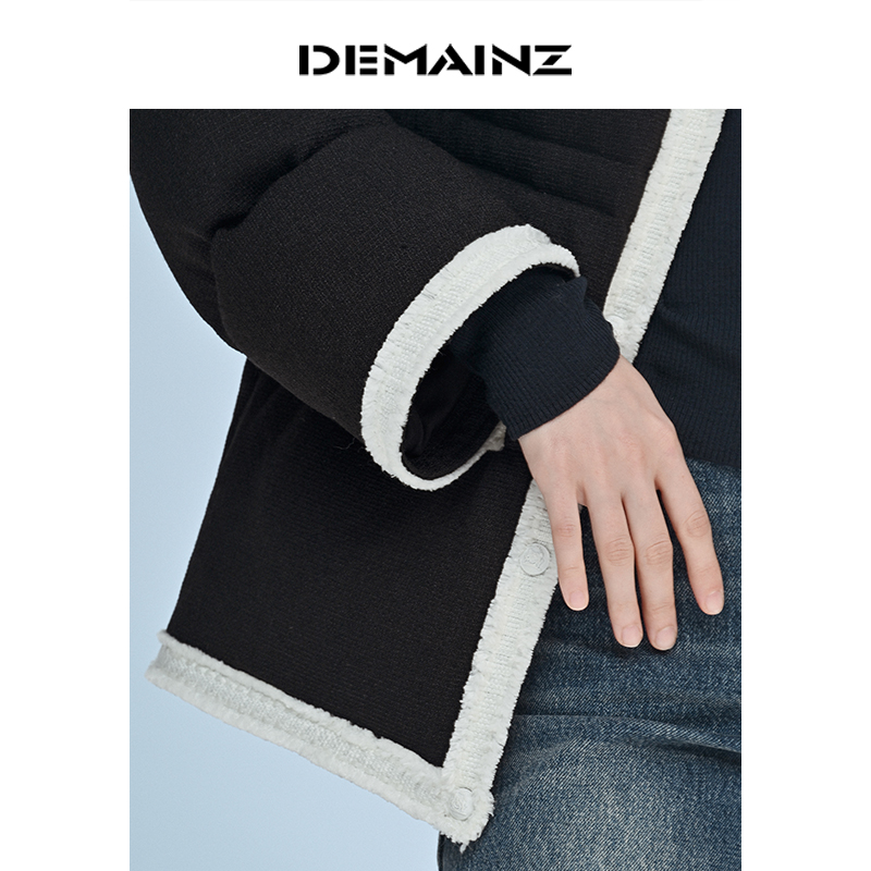 DEMAINZ地缦鹅绒羽绒服女秋冬高品短款撞色粗花呢小香风外套