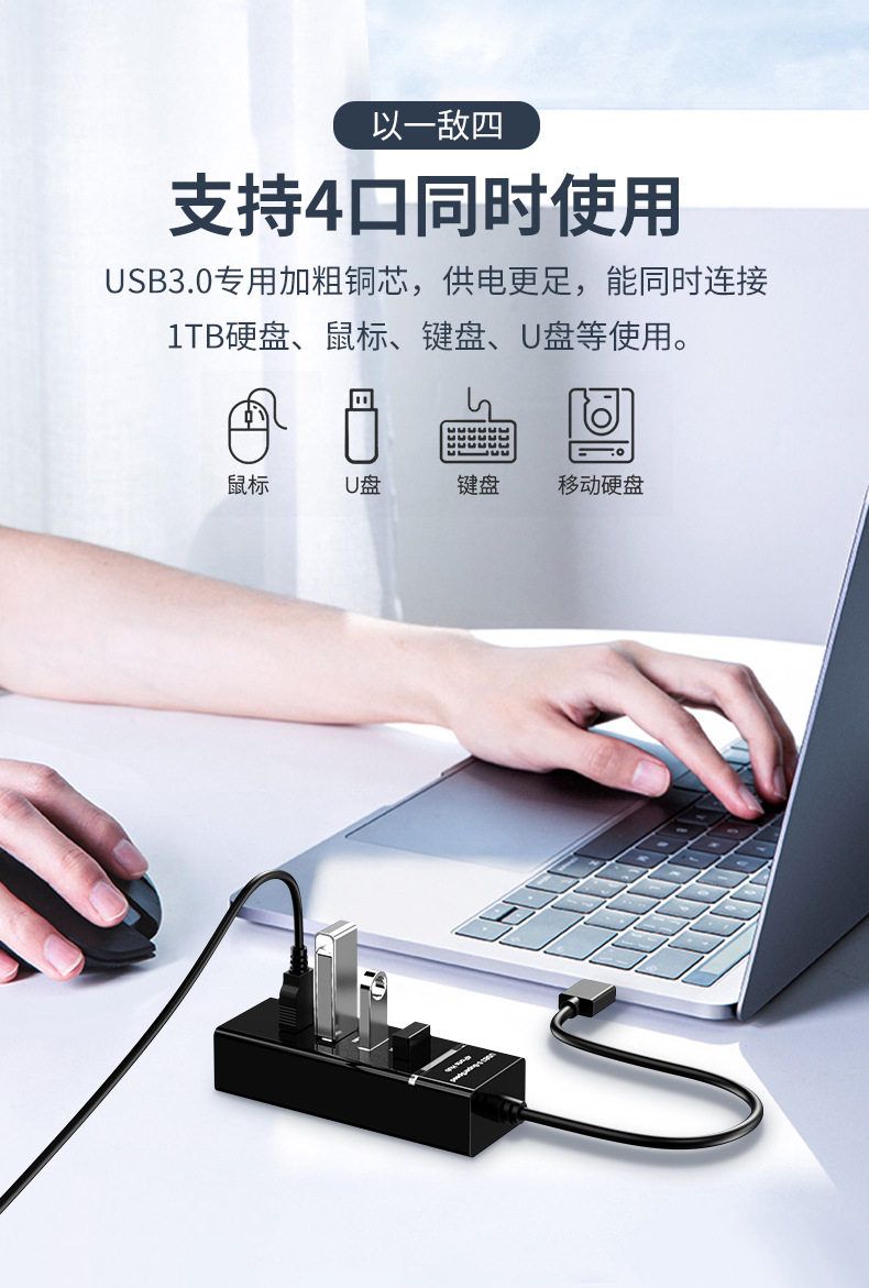 usb3.0扩展器分集线器笔记本电脑多口拓展外接鼠标键盘U优盘拓扩展坞ubs一拖四转接延长多口hub拓展坞Type-c - 图0