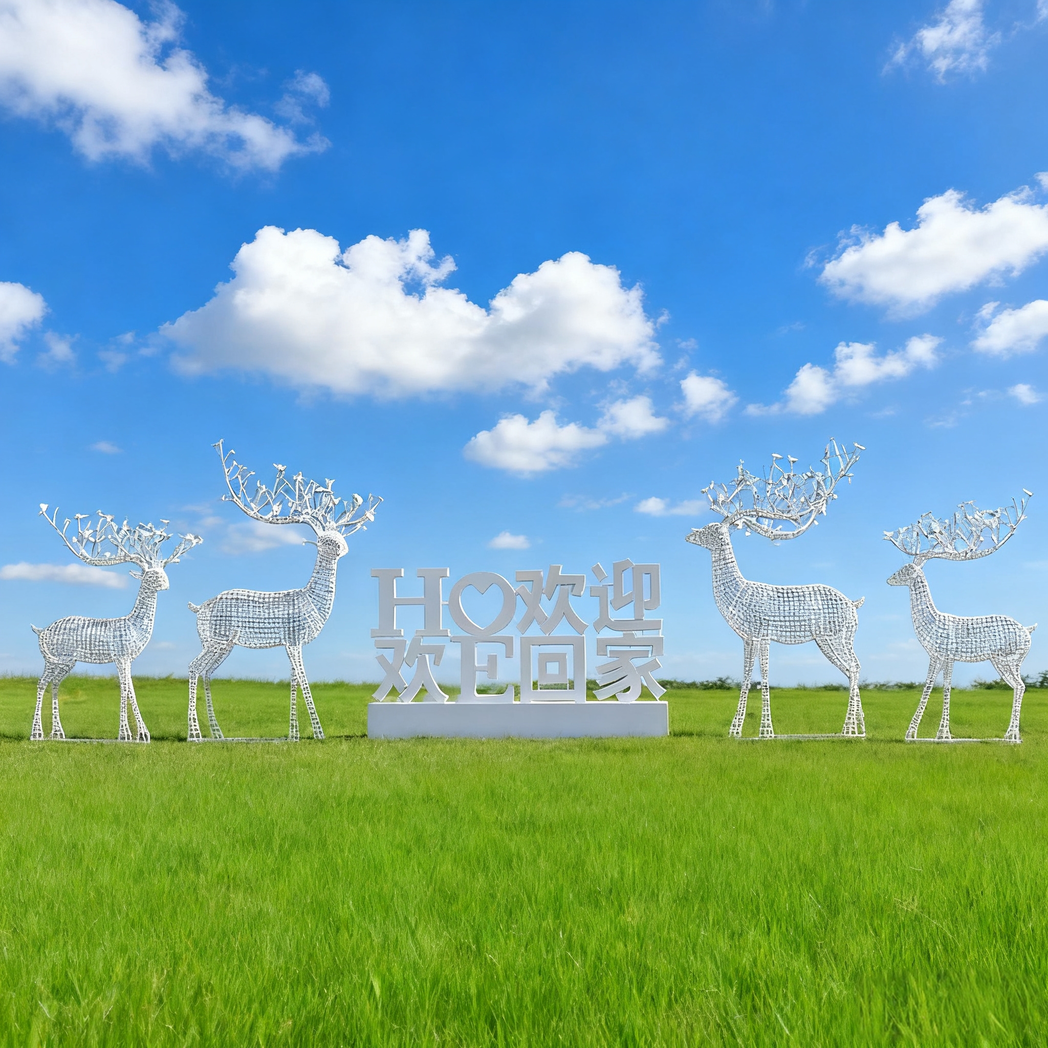户外铁艺梅花鹿雕塑售楼部公园草地草坪镂空不锈钢鹿装饰美陈摆件 - 图1