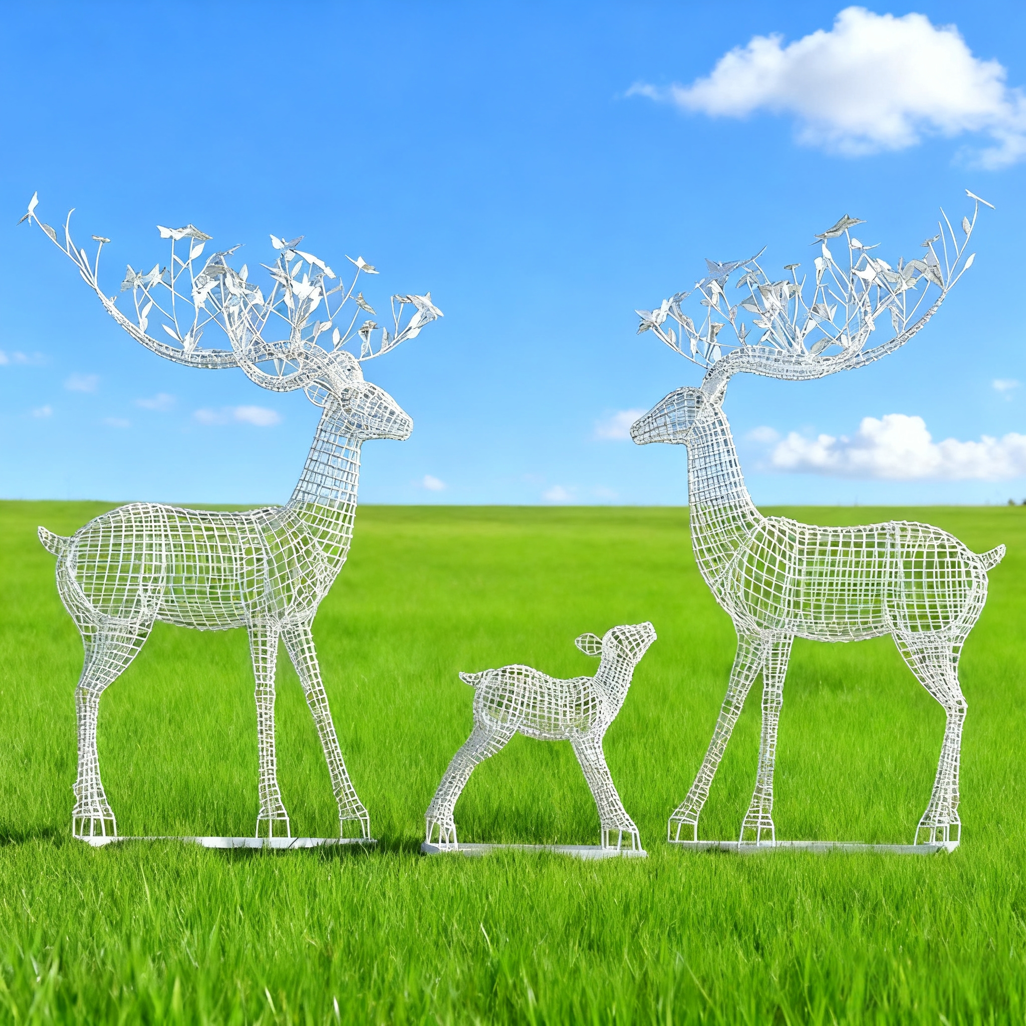 户外铁艺梅花鹿雕塑售楼部公园草地草坪镂空不锈钢鹿装饰美陈摆件 - 图0