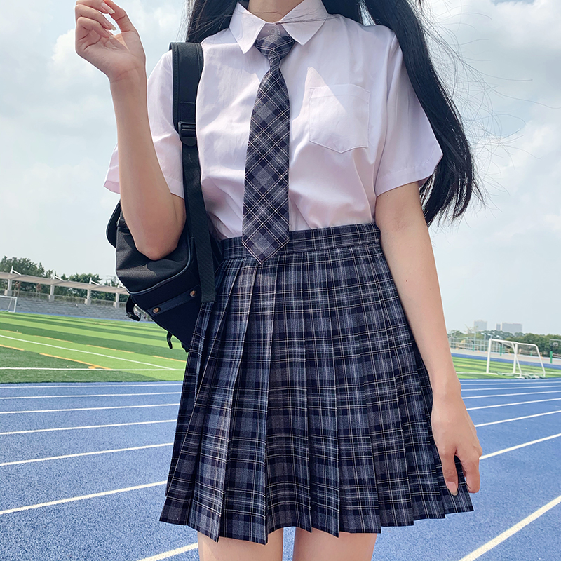 LF原创现货素锦JK制服裙正版校供感灰黑蓝格学院风百褶裙夏