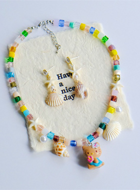 原创kitty树脂水晶串珠贝壳项链