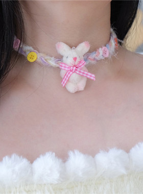 原创兔子毛线编织纽扣蝴蝶结项链