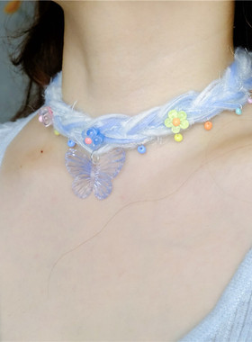 女原创蓝色透明蝴蝶毛绒编织项链