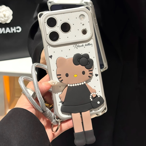 黑皮猫咪适用华为mate80promax手机壳Pura90四角挂绳Pura70卡通支架iphone17/16pm斜跨nova15手提14荣耀600女 - 图2