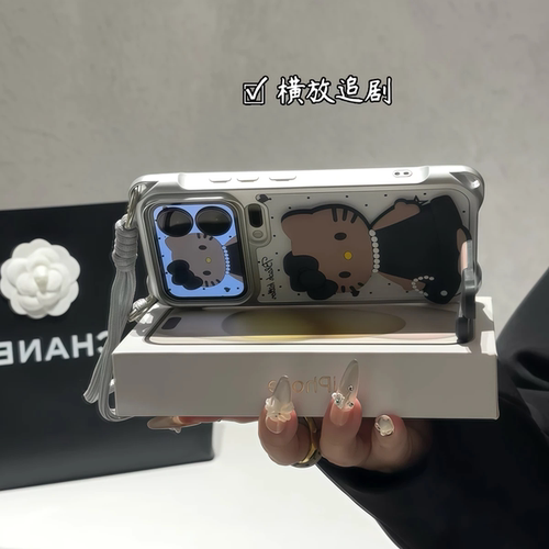 黑皮猫咪适用华为mate80promax手机壳Pura90四角挂绳Pura70卡通支架iphone17/16pm斜跨nova15手提14荣耀600女 - 图1