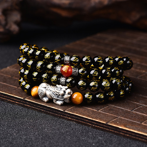 黑曜石六字真言貔貅手链男纯银皮丘佛珠转运珠黑玛瑙手串生日礼物 - 图2