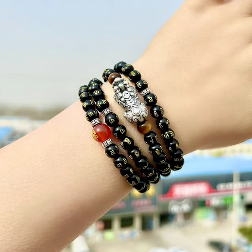 黑曜石六字真言貔貅手链男纯银皮丘佛珠转运珠黑玛瑙手串生日礼物 - 图0