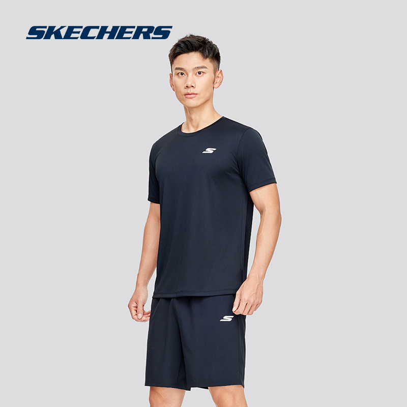 Skechers斯凯奇黑色T恤男款短袖短裤速干运动套装吸湿圆领上衣 - 图3