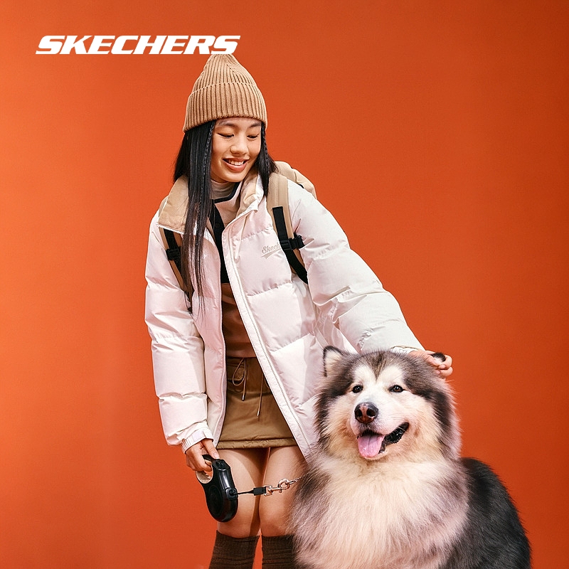 Skechers斯凯奇羽绒服冬季撞色男女同款潮流百搭立领短款保暖外套