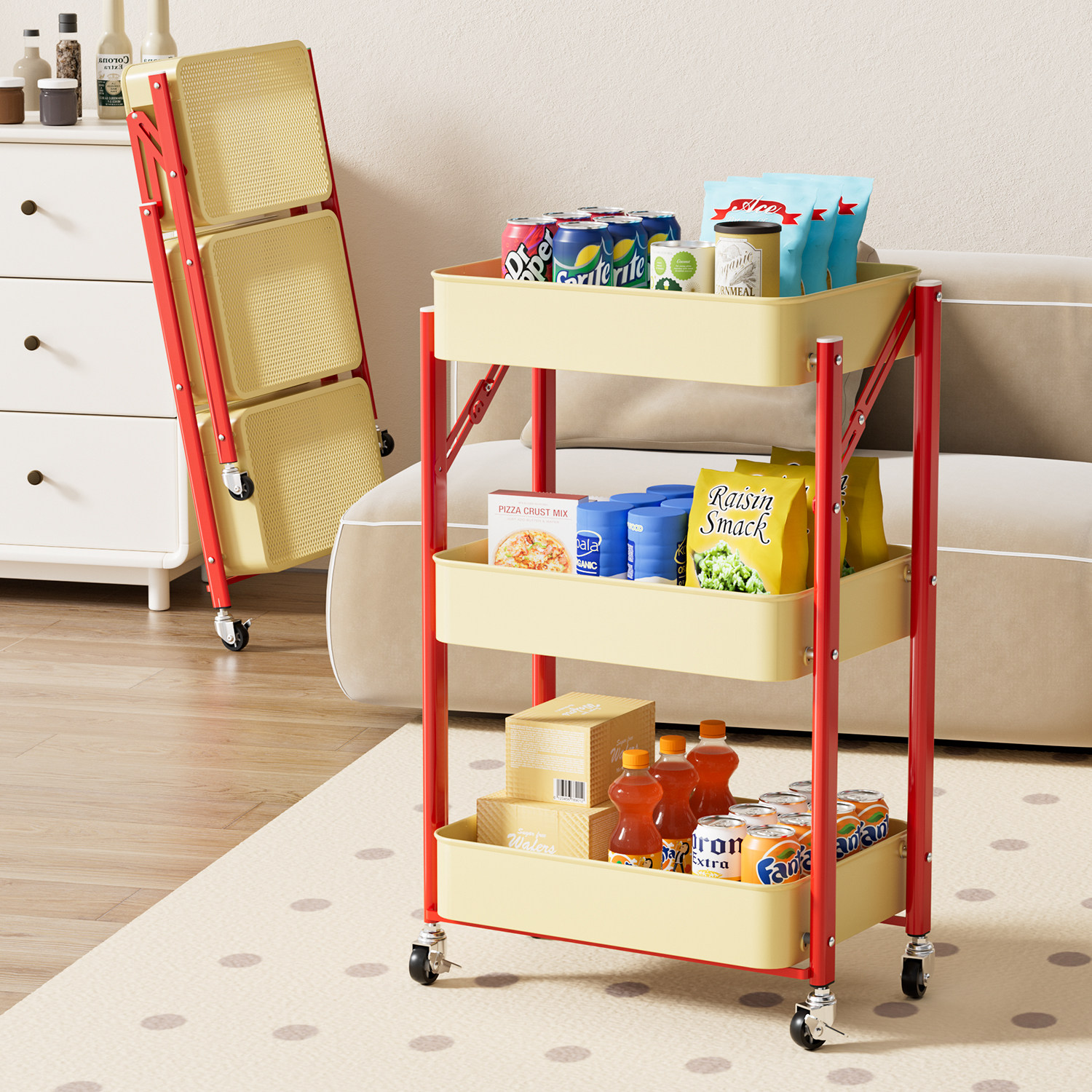多巴胺可折叠小推车多层零食置物架厨房卧室移动落地书本收纳架子,淘宝优惠券,粉丝福利购,淘宝优惠卷