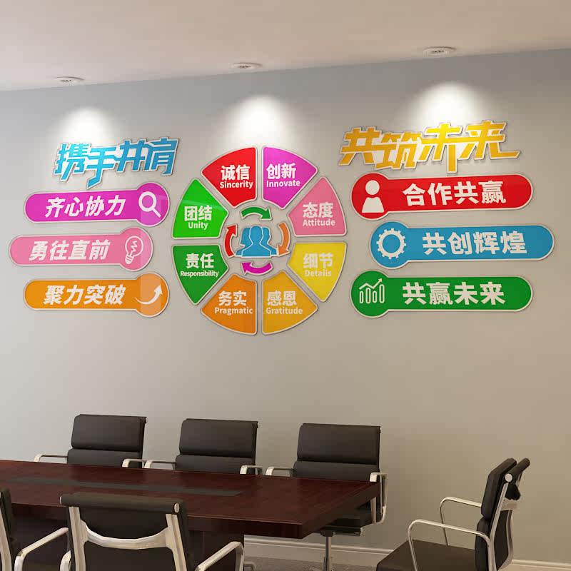 携手并肩共筑未来企业团队努力激励奋进文化墙贴现代简约设计背景