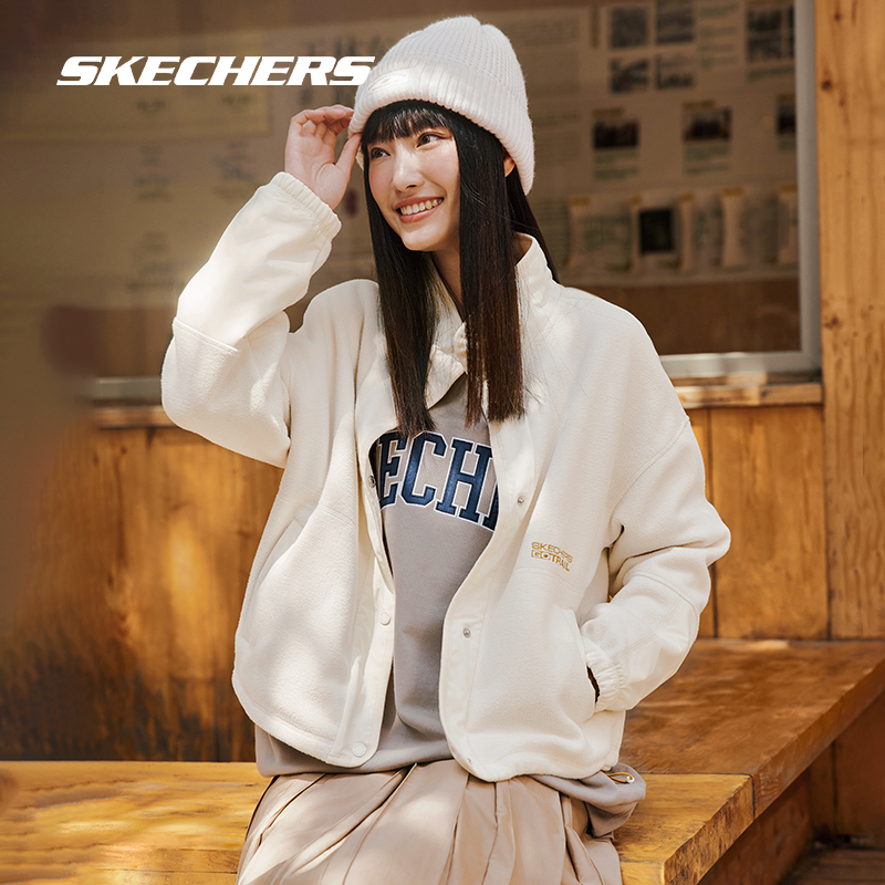 Skechers斯凯奇2024年冬季款女款针织加绒舒适保温拼接摇粒绒外套