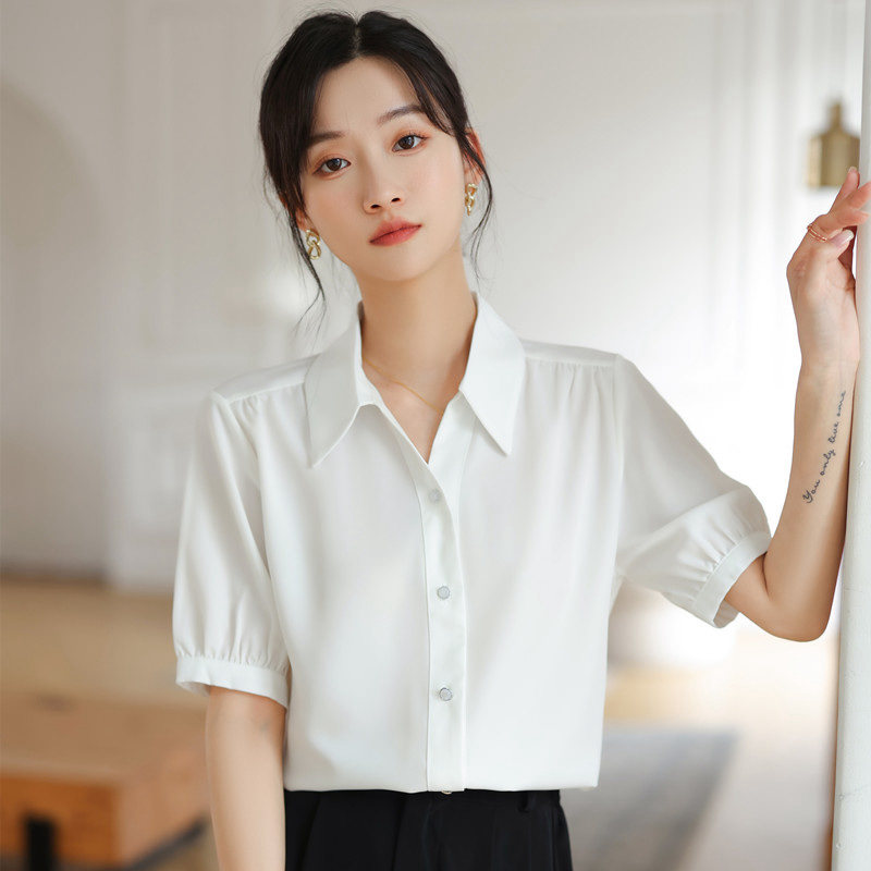 女士雪纺衬衫设计感小众夏季短袖职业正装工作服白衬衣工装上衣寸_虎窝淘