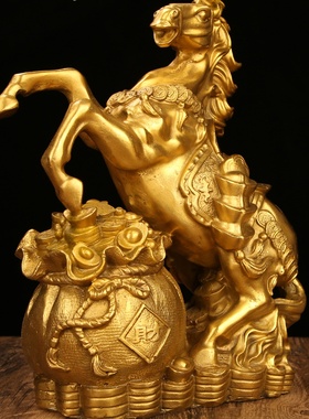 纯黄铜聚宝盆马百财马发财马钱袋马摆件办公室客厅居家装饰品