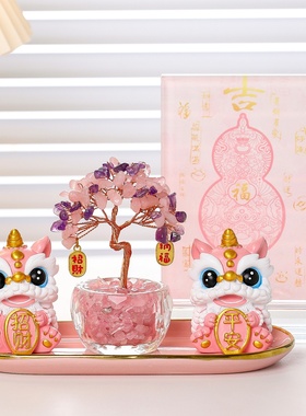 国潮醒狮黄水晶发财树舞狮摆件高档家居客厅入户玄关电视柜装饰品