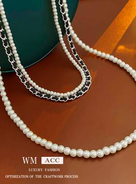 法式链条发夹鲨鱼夹皮革女珍珠