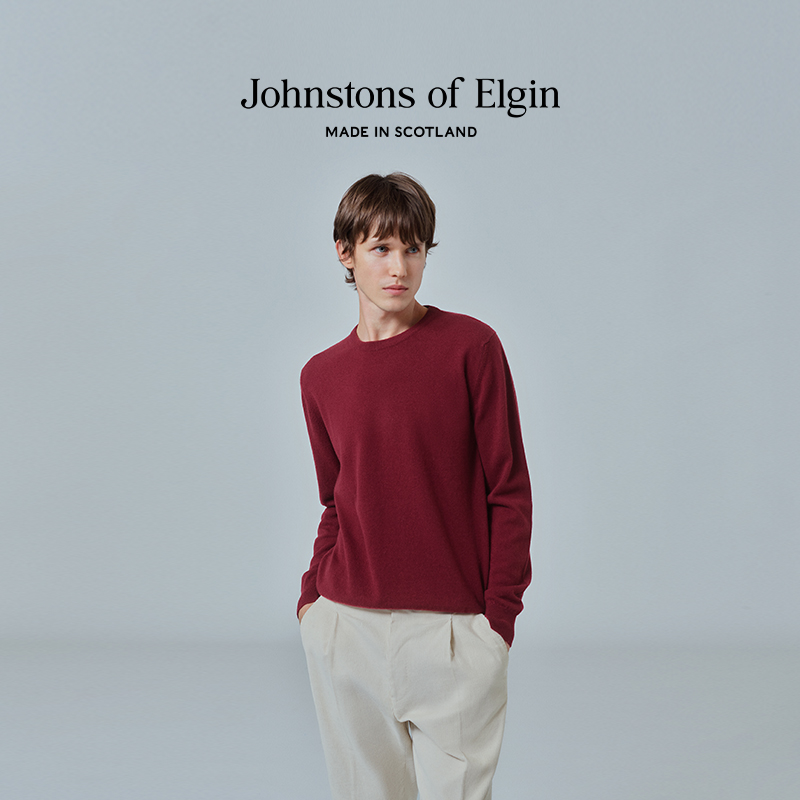 【限时9折】Johnstons of Elgin经典圆领套头羊绒衫男毛衣秋冬 - 图1