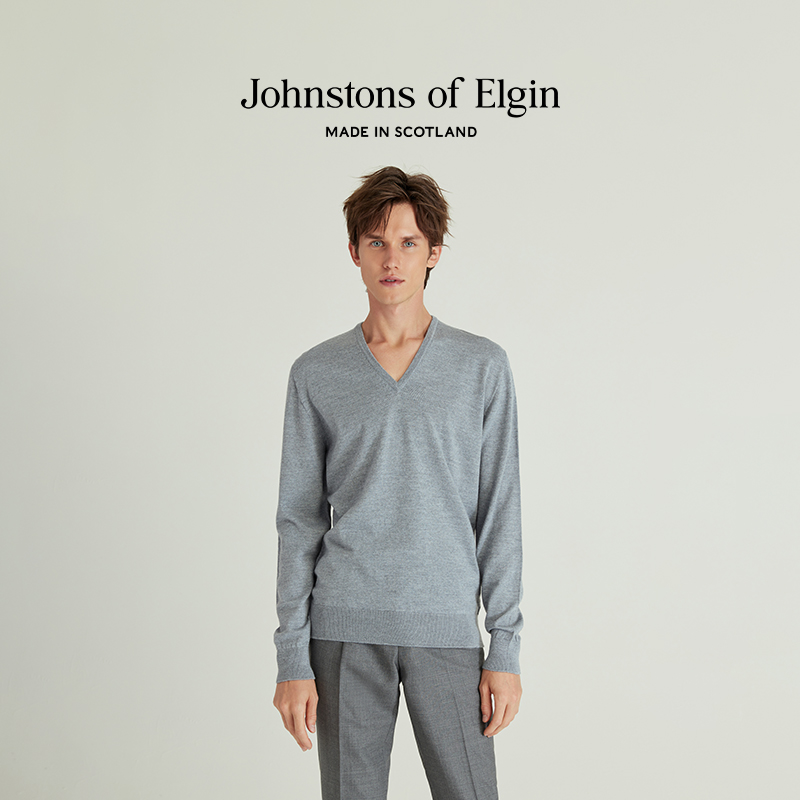 【年中6折】Johnstons of Elgin经典V领套头羊毛衫男秋针织衫 - 图1