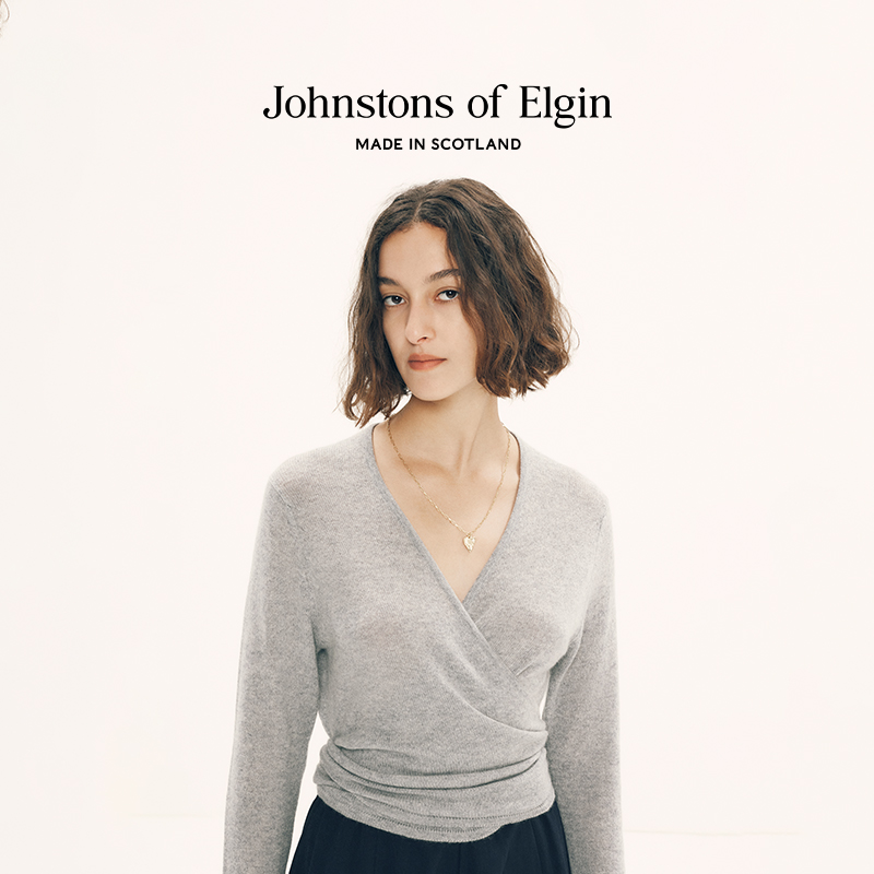 Johnstons of Elgin女士V领裹身羊绒开衫系带针织衫简约百搭休闲 - 图0