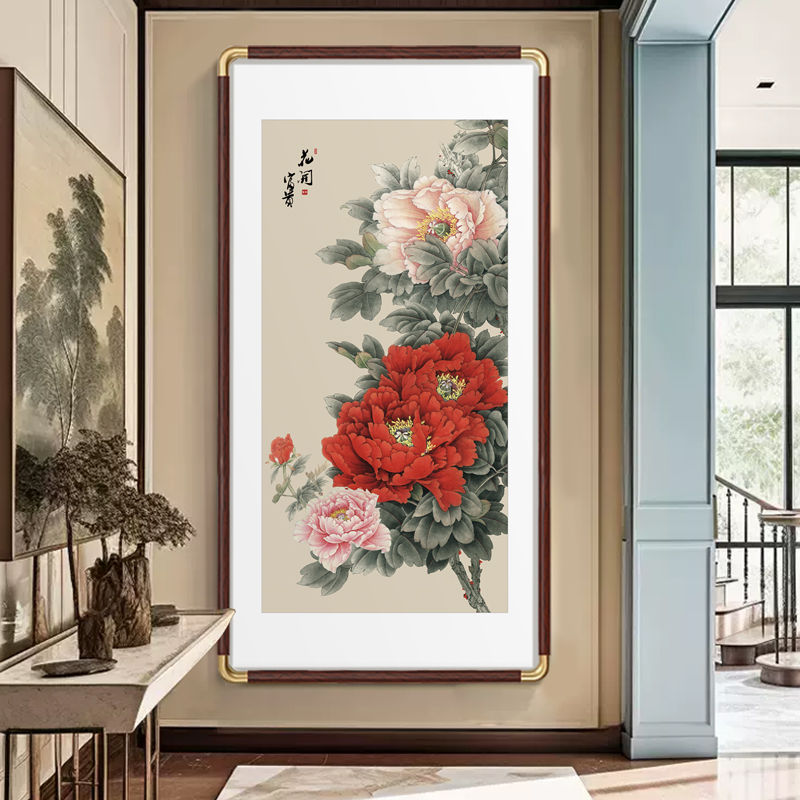 烫金花开富贵玄关挂画大气新中式入户进门装饰画寓意好牡丹花壁画