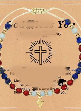 2026女士切角手链黑曜石虎眼石线绳编织信仰手链黄水晶十字编织手