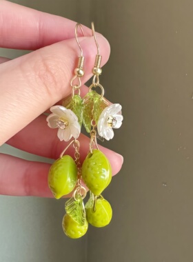 小清新绿色柠檬流苏花瓣耳环